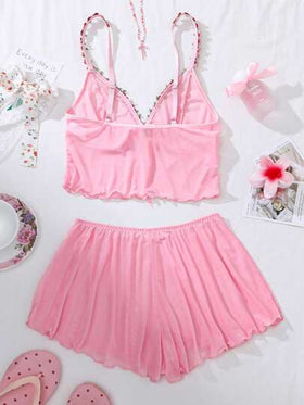 PetitDoll مجموعة من قطعتين ملابس داخلية شفافة مطرزة بزهور للنساء ، كاواييي