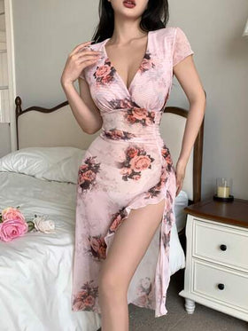 SHEIN ثوب ليل نسائي طويل أنيق ومثير بطبعات زهرية على شبك