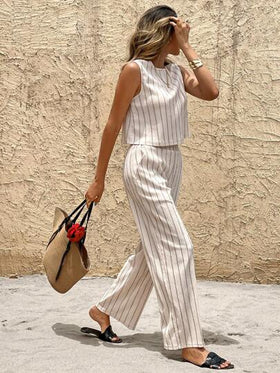 SHEIN Frenchy طقم سيدات قصير و ملابس علوية أكمام بلا طوق مخطط، قطعتان كاجوال للصيف