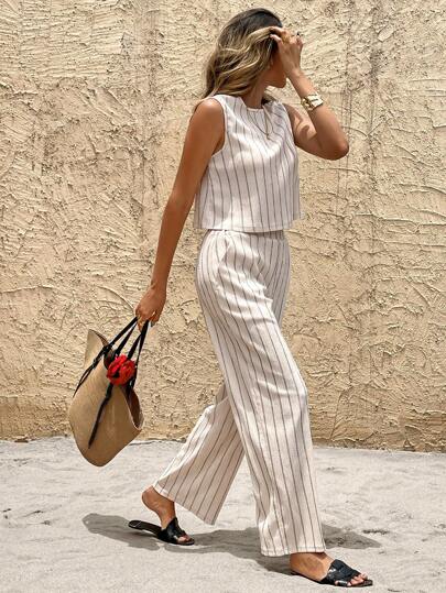 SHEIN Frenchy طقم سيدات قصير و ملابس علوية أكمام بلا طوق مخطط، قطعتان كاجوال للصيف