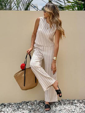 SHEIN Frenchy طقم سيدات قصير و ملابس علوية أكمام بلا طوق مخطط، قطعتان كاجوال للصيف