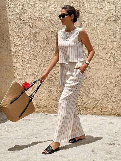 SHEIN Frenchy طقم سيدات قصير و ملابس علوية أكمام بلا طوق مخطط، قطعتان كاجوال للصيف