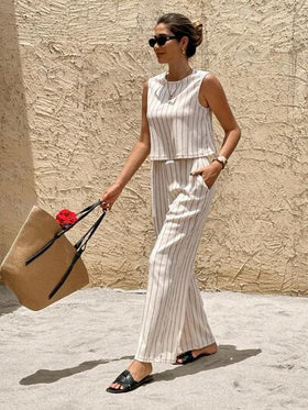 SHEIN Frenchy طقم سيدات قصير و ملابس علوية أكمام بلا طوق مخطط، قطعتان كاجوال للصيف