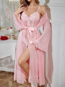 SHEIN مجموعة من 2 قطعة: رداء جاكار ألماس غير متماثل طويل الأكمام شبكي ثلاثي الأبعاد + بيجامة جاكار غير متماثلة مرقعة بأشكال عظام السمك عند الخصر