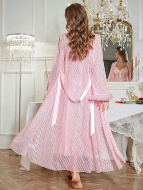 SHEIN مجموعة من 2 قطعة: رداء جاكار ألماس غير متماثل طويل الأكمام شبكي ثلاثي الأبعاد + بيجامة جاكار غير متماثلة مرقعة بأشكال عظام السمك عند الخصر
