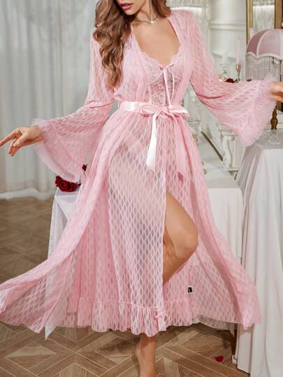 SHEIN مجموعة من 2 قطعة: رداء جاكار ألماس غير متماثل طويل الأكمام شبكي ثلاثي الأبعاد + بيجامة جاكار غير متماثلة مرقعة بأشكال عظام السمك عند الخصر