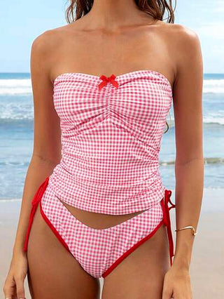 طقم تانكيني حريمي Swim Mod بيكيني نسائي للصيف بطبعات عشوائية مربعة مع حمالات سباغيتي وربطة عقدة فراشية قصيرة الرقبة وسحاب