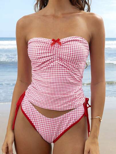 طقم تانكيني حريمي Swim Mod بيكيني نسائي للصيف بطبعات عشوائية مربعة مع حمالات سباغيتي وربطة عقدة فراشية قصيرة الرقبة وسحاب