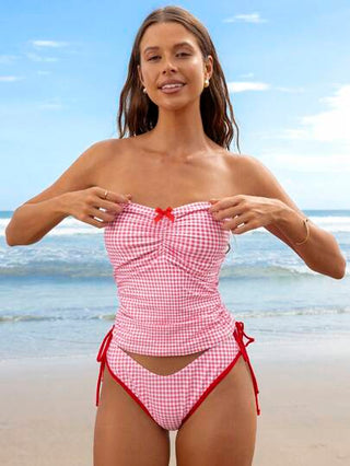طقم تانكيني حريمي Swim Mod بيكيني نسائي للصيف بطبعات عشوائية مربعة مع حمالات سباغيتي وربطة عقدة فراشية قصيرة الرقبة وسحاب