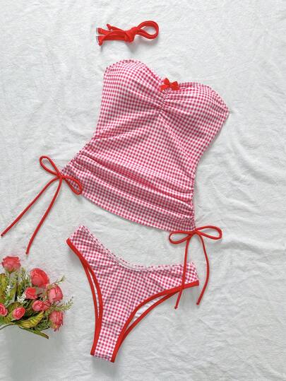 طقم تانكيني حريمي Swim Mod بيكيني نسائي للصيف بطبعات عشوائية مربعة مع حمالات سباغيتي وربطة عقدة فراشية قصيرة الرقبة وسحاب