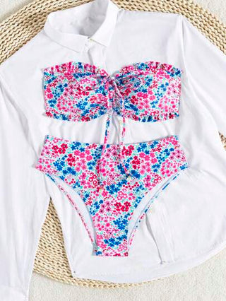 Swim ملابس صيفية شاطئية للنساء: بنطال قصير مرسوم بأزهار جميل، إكسسوار قلادة لؤلؤية، مجموعة بكيني بسحاب