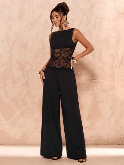 SHEIN BAE جمبسوت سيدات صيفية سوداء بدون أكمام من الدانتيل شفافة ضيقة مثيرة، جمبسوت سوداء
