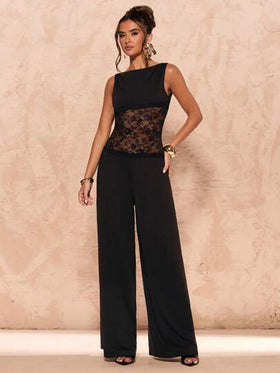 SHEIN BAE جمبسوت سيدات صيفية سوداء بدون أكمام من الدانتيل شفافة ضيقة مثيرة، جمبسوت سوداء