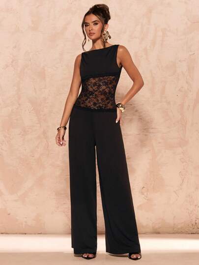 SHEIN BAE جمبسوت سيدات صيفية سوداء بدون أكمام من الدانتيل شفافة ضيقة مثيرة، جمبسوت سوداء