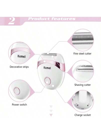 Kemei إزالة شعر الوجه بدون عيوب للنساء KM-673، ماكينات حلاقة للنساء، ماكينات إزالة الشعر للنساء، إزالة الشعر من الوجه والجسم والساق والبيكيني والشفاه، أداة إزالة شعر كهربائية محمولة للنساء من نوع ماكينة الحلاقة الدوارة