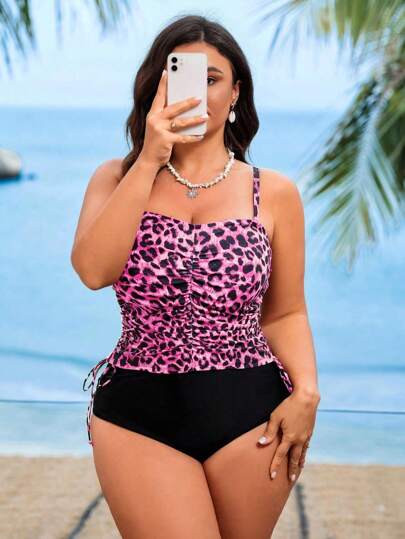 Swim Lushoire 2 قطعة من البكيني الفيروجي مع طبعة نمر للمرأة ذات الحجم الكبير، مزين بطيات للبطن، مناسب للاستخدام في الشاطئ والعطلات