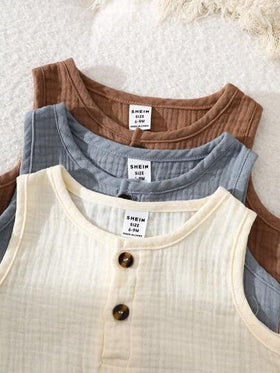 SHEIN Vintaside Kids طقم صيفي للأطفال الصبيان 6 قطع، ملابس علوية أكمام بلا أكمام بلون أحادي مطابق مع شورت، 3 طقوم باللون البني والمشمش والأزرق، فضفاض، مناسب للمنزل والأوقات الحرة والخروج والمناسبات