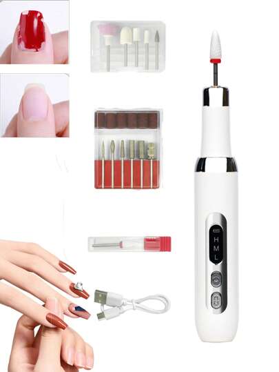 طقم أداة ملف الأظافر الكهربائي، مثقاب أظافر يعمل بالطاقة من USB مع 6 قطع ملحقات، أداة محمولة لعناية الأظافر والجلد الميت - مبرد أظافر صغير خالي من الروائح