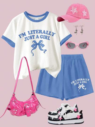 girls-sets طقم قصير الأكمام ملابس علوية وشورت قطعتين للفتيات المراهقات، مناسب للصيف، بسيط وكاجوال