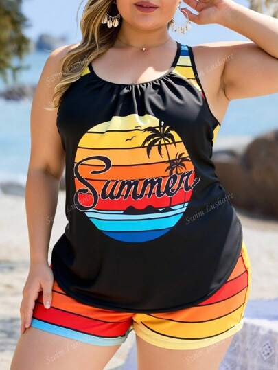 Swim Lushoire بدلة سباحة كبيرة الحجم مخططة وذات طبعات استوائية
