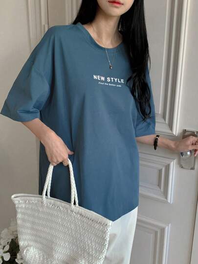 DAZY تي شيرت نسائي كاجوال فضفاض مطبوع عليه حرف أكمام قصيرة، ملابس علوية بطراز بريبي