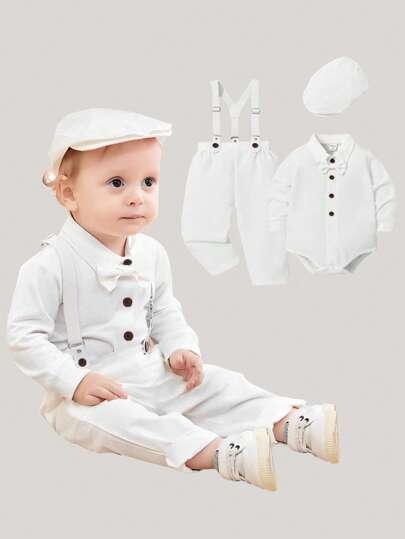 SHEIN 3 قطع طقم أكمام طويلة: قميص أبيض بأزرار أكمام طويلة، بناطيل بلكة بيضاء، وقبعة بارت رمادية. مناسب كطقم الأم في عيد الأم الأول للطفل. القميص له طوق مرتب بأزرار، والسترة الشبكية لها أشرطة قابلة للتعديل، والطقم مكتمل بقبعة بارت رمادية أنيقة.