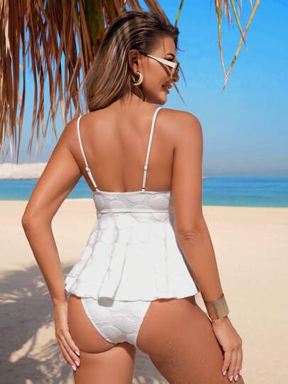 طقم تانكيني حريمي Swim Vcay 2 قطعة/طقم بيكيني نسائي، ملابس علوية بخطوط بيضاء مستوحاة من نمط مأخوذ من القواقع، وأسفل بخصر عادي مناسب للشاطئ والحمام وبالقرب من البحر، لجميع المناسبات