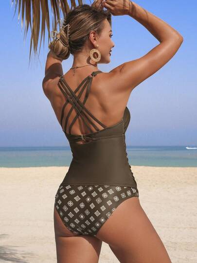 طقم تانكيني حريمي Swim Lushoire ملابس علوية بكيني بفتح الأكتاف للنساء مطبوع بنقشة زهور باللون البني الداكن، داعم وم نحف الشكل، ملابس سباحة شاطئية وركوب الأمواج جديدة