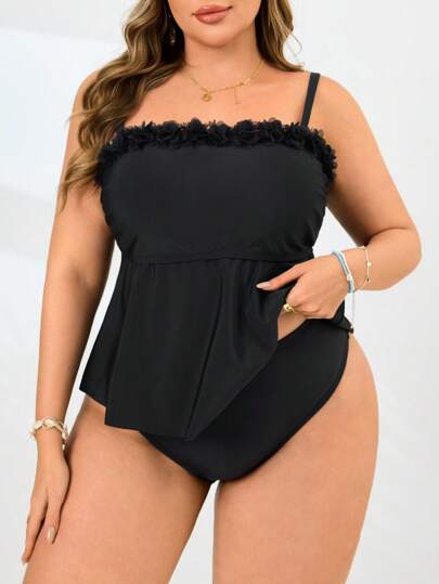 Swim Lushoire ملابس سباحة للنساء البدينات مكونة من قطعتين، مع حمالات قابلة للفصل والتعديل وبطانة قابلة للإزالة، تصميم قبانية جذاب مع ديكور طي وكشكشة، جزء سفلي مثلث عالي الخصر، ملابس سباحة أنيقة وعصرية للشاطئ والعطلات