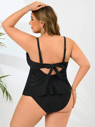 Swim Lushoire ملابس سباحة للنساء البدينات مكونة من قطعتين، مع حمالات قابلة للفصل والتعديل وبطانة قابلة للإزالة، تصميم قبانية جذاب مع ديكور طي وكشكشة، جزء سفلي مثلث عالي الخصر، ملابس سباحة أنيقة وعصرية للشاطئ والعطلات