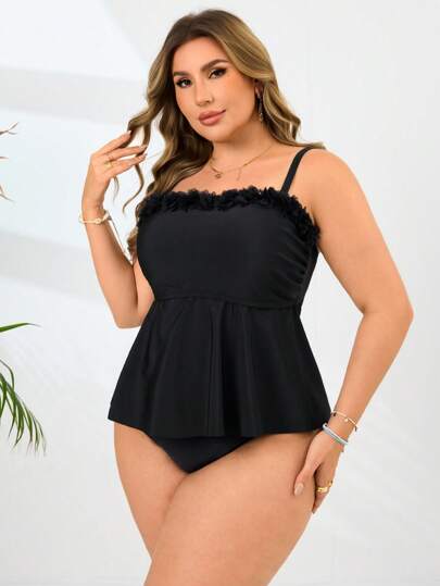 Swim Lushoire ملابس سباحة للنساء البدينات مكونة من قطعتين، مع حمالات قابلة للفصل والتعديل وبطانة قابلة للإزالة، تصميم قبانية جذاب مع ديكور طي وكشكشة، جزء سفلي مثلث عالي الخصر، ملابس سباحة أنيقة وعصرية للشاطئ والعطلات