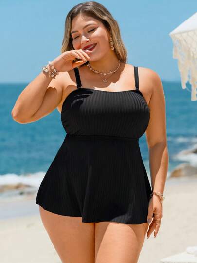 SHEIN Swim Curve ملابس سباحة حجم كبير للنساء من قطعتين تتكون من بندو وثوب ضيق لتنحيف الجسم