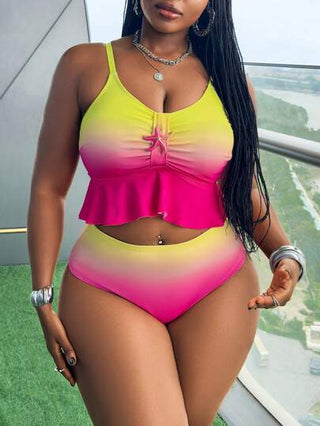 Slaydiva طقم بكيني مقاس كبير للسيدات يتكون من 2 قطعة، ذو تصميم تعتيم وصبغ ربطة قوس ، ذو خصر عالي وأربطة رفيعة، بطراز مبسط مناسب للإجازات