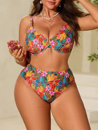 SHEIN Swim Curve طقم بكيني محفز 2 قطعة بطبعة زهور استوائية لمقاس كبير، بحمالات لا تظهر