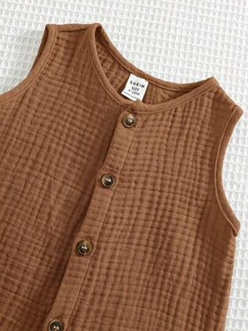 SHEIN جمبسوت رضيع ذكر بنية لطيفة متعددة الاستخدامات مناسبة للشاطئ والخروجات، ملابس أطفال بنية، جمبسوت أطفال ذكور بنية
