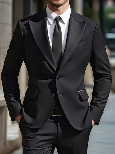 Manfinity Bizformal بليزر كاجوال أسود بياقة على شكل حرف V للرجال، للربيع والصيف