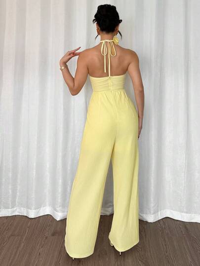 Modelyn جمبسوت قفزة مطبوع عليها زهور بشريط رفيع بتصميم ثلاثي الأبعاد باللون الأصفر للسيدات