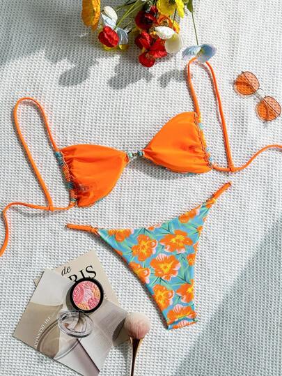طقم تانكيني حريمي Swim Mod مجموعة سباحة نسائية (2 قطعة) توب وشورت برباط قابل للتعديل، بطبعات عشوائية، للاستخدام في الشاطئ والعطلات الصيفية