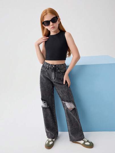 girls-sets Leap Crew Leap Crew مجموعة ملابس بوهو للبنات المراهقات للربيع والصيف، تكون عبارة عن ملابس علوية علوي خزامى بلا أكمام و بنطلون جينز مستقيم الساق ممزق مغسول بالحجر، ملابس مجموعة صيفية للبنات