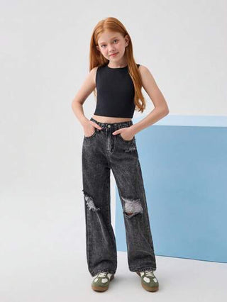 girls-sets Leap Crew Leap Crew مجموعة ملابس بوهو للبنات المراهقات للربيع والصيف، تكون عبارة عن ملابس علوية علوي خزامى بلا أكمام و بنطلون جينز مستقيم الساق ممزق مغسول بالحجر، ملابس مجموعة صيفية للبنات