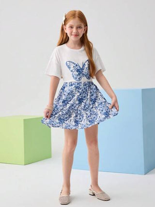 girls-sets Leap Crew Leap Crew طقم فتاة المراهقة مكون من ملابس علوية مطرز بفراشات وتنورة فضفاضة مطبوعة بزهور قطعتين
