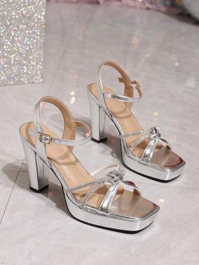 صنادل ذات كعب عالي مرصعة بالراين للموضة الصيفية الأنيقة، مفتوحة من الأمام والكعب، كعب سميك ومنصة للنساء، مناسبة للحفلات والمناسبات، أنيقة ومتعددة الاستخدامات