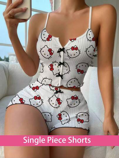 SANRIO 1 قطعة بنطال بيجامة قصير مطبوع برسومات هالو كيتي للنساء ، بنطال قصير صيفي للنوم، بيجاما نسائية ملابس نوم قصيرة جذابة وملائمة للاسترخاء والراحة, بنطال بيجامة هالو كيتي