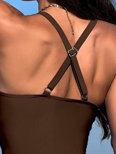 Swim Lushoire مجموعة بكيني مثيرة ذات خصر عالي وأعلى ملتوية ببليسيه باللون البني الداكن، مناسبة للنساء في العطلات الصيفية والشاطئ