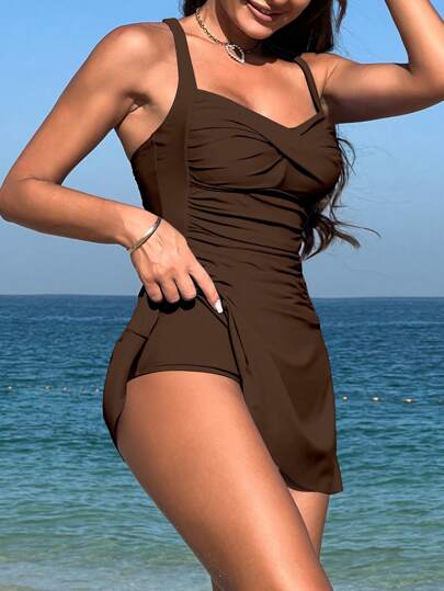 Swim Lushoire مجموعة بكيني مثيرة ذات خصر عالي وأعلى ملتوية ببليسيه باللون البني الداكن، مناسبة للنساء في العطلات الصيفية والشاطئ