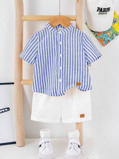 SHEIN مجموعة قميص بولو ذو ياقة مخطط والشورت الأبيض، مريح للأطفال الصبيان، مناسب للداخل والخارج واليومي والرياضة واللعب والحفلات والتصوير والعطلات والربيع/الصيف،قطعتين/مجموعة