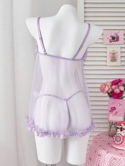 PetitDoll مجموعة من قطعتين من الدانتيل والشبك الشفاف، فستان نوم بقصة A-line مثير، طراز زفاف مثير للخروج