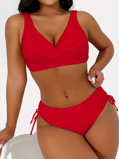 طقم تانكيني حريمي Swim Basics مجموعة بكيني تانكيني ذات صدرية بياقة على شكل حرف V ومظلة متقاطعة للنساء، أحادية اللون
