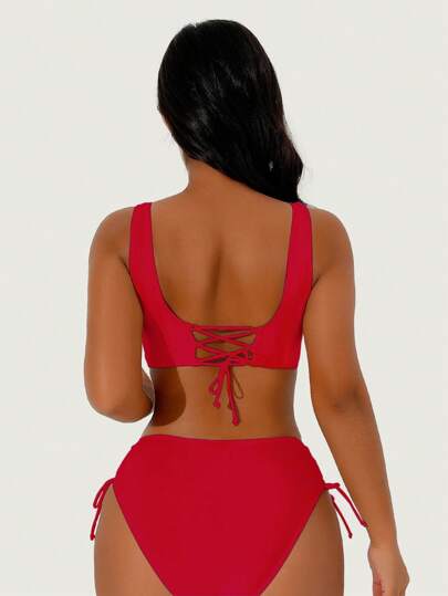 طقم تانكيني حريمي Swim Basics مجموعة بكيني تانكيني ذات صدرية بياقة على شكل حرف V ومظلة متقاطعة للنساء، أحادية اللون