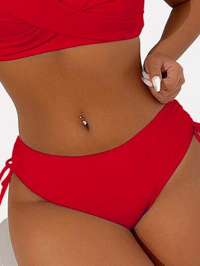 طقم تانكيني حريمي Swim Basics مجموعة بكيني تانكيني ذات صدرية بياقة على شكل حرف V ومظلة متقاطعة للنساء، أحادية اللون